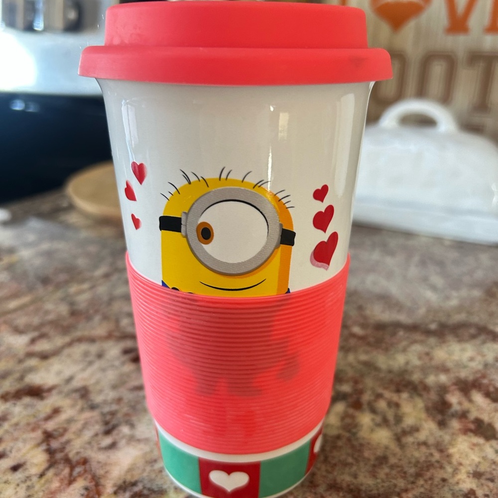 Minion Valentines Ceramic Travel Mug with Pink Silicon Lid